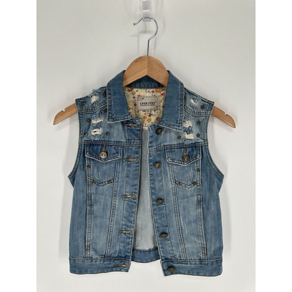 Upper Feet Denim Vest‎ Bronze Star Embellishment Distressed USA Women's Size M